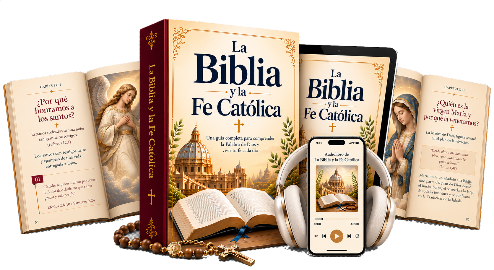 Mockup de La Biblia y La Fe Católica: libro, tablet, teléfono con audiolibro y rosario